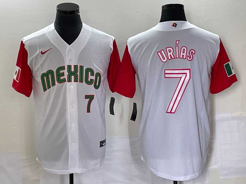Men's Mexico Baseball #7 Julio Urias Number 2023 White Red World Classic Stitched Jersey 40